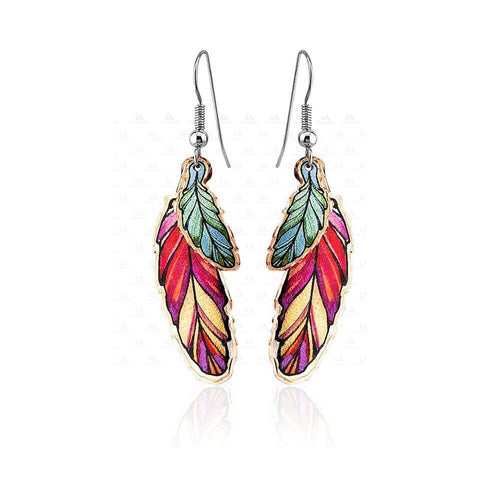 Copper Red & Green Feather Earrings