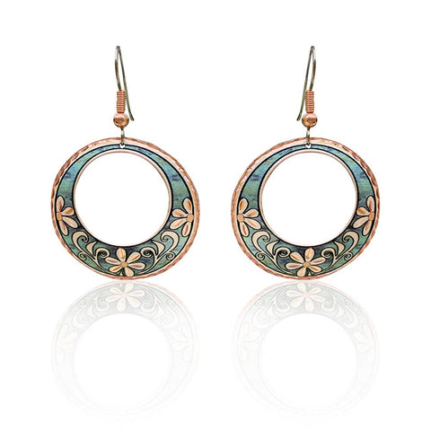 Copper Turquoise Floral Circle Design Earrings