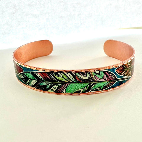 BNS 611 Colorful Feather Artwork Copper Cuff Bracelet