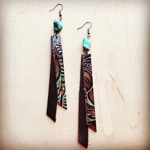 Leather Rectangle Earrings in Turquoise Brown Floral