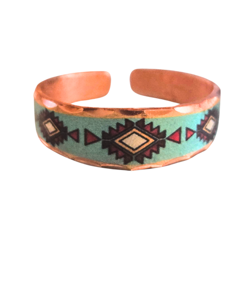 Copper Narrow Turquoise/Red Tribal Design Ring