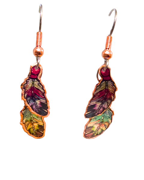 Copper Multicolored Double Feathers Earrings
