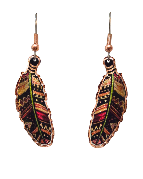 Copper Multicolored Black/Red Feather Earrings