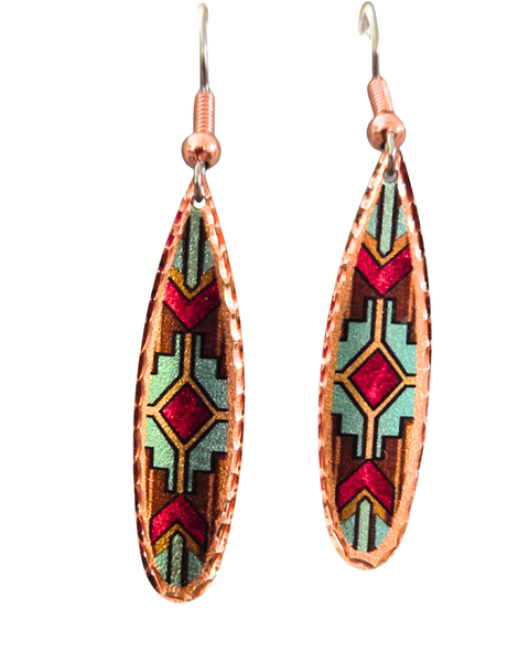 Copper Long Teardrop Red on Turquois Earrings