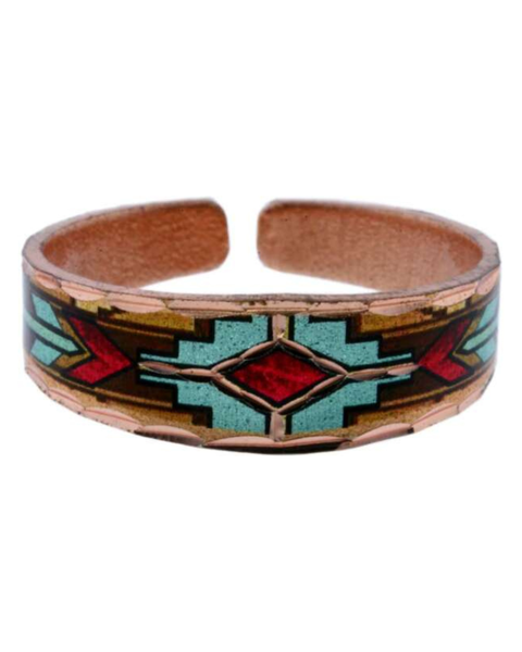 Copper Narrow Turquoise and Red Tribal Design Ring