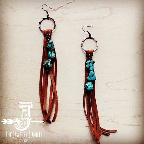 Leather Fringe Earrings with Turquoise Stones Earrings