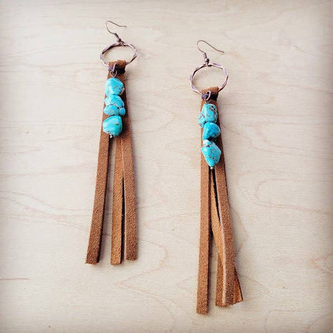 Leather Fringe Earrings with Turquoise Stones Earrings