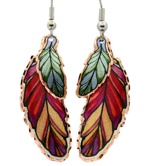 Copper Red & Green Feather Earrings