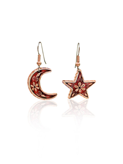 Copper Red Moon and Star Flower Earrings