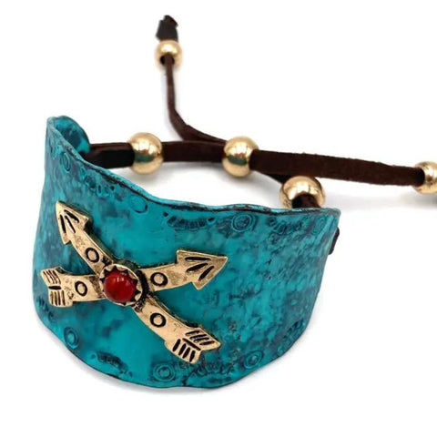 Native Cross Arrow Red Stone Western Patina Bracelet Cuff