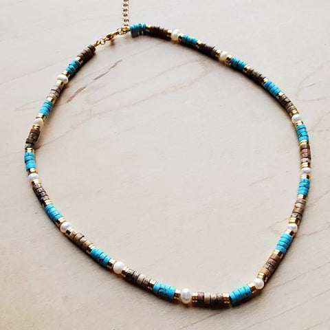 Freshwater Pearl, Turquoise Wood Collar Necklace