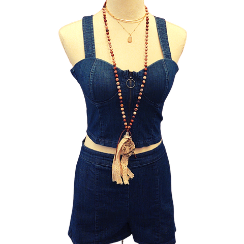 Long Necklace with Leather, Lace, and Stone