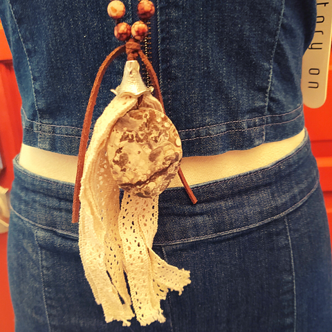 Long Necklace with Leather, Lace, and Stone