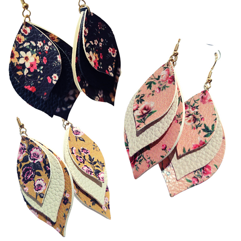 Floral Layered Leather Drop Earrings